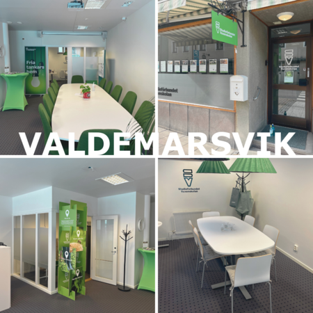 Fyra bilder av ett modernt kontor i Valdemarsvik med mötesrum, entré och gröna detaljer.