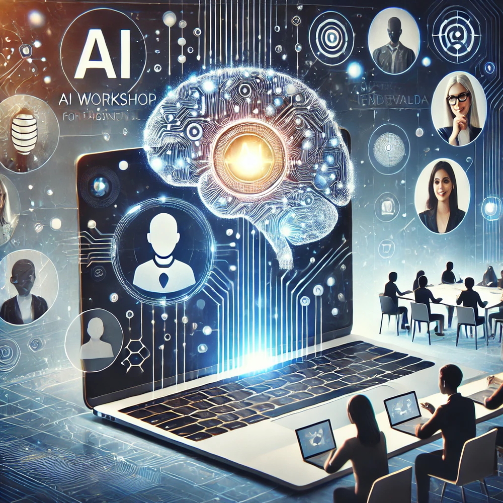 En digital workshop om AI med en laptop, hjärna i neon och människor som deltar online och i klassrum.
