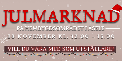 Affisch för julmarknad i Åsele med information om datum, tid, plats och anmälan för utställare, samt vinterlandskap i bakgrunden.