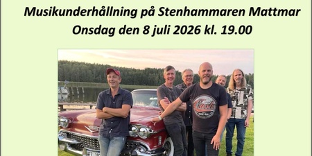 Affisch för musikunderhållning med Andreas Jonsson & The Pink Cadillac Band, bild på bandet vid en röd bil utomhus.