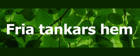 Vit text 'Fria tankars hem' mot en bakgrund av gröna löv och mörkgrön ram.