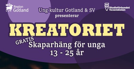 Affisch på lila bakgrund som informerar om gratis skapande för unga 13–25 år, arrangerat av Region Gotland.