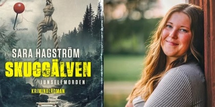 Bokomslag till 'Skuggälven' av Sara Hagström bredvid en person som lutar sig mot en vägg utomhus.