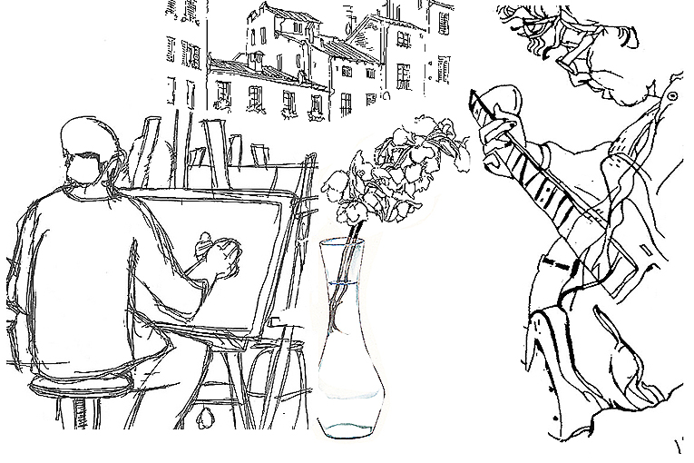 Streckteckning av konstnär som målar, en gitarrist och en vas med blommor, samt hus i bakgrunden.