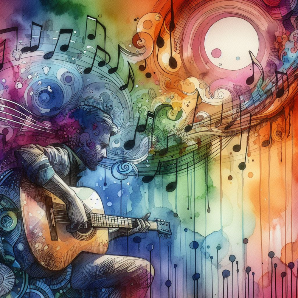 En person spelar gitarr omgiven av färgglada, abstrakta mönster och svävande musiknoter.