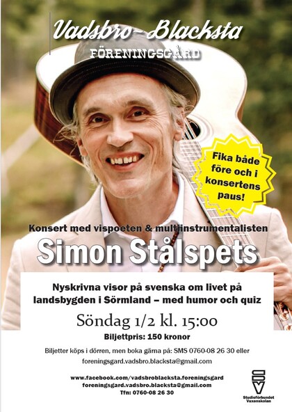 Affisch för konsert med Simon Stålspets på Vadsbro-Blacksta föreningsgård, med gitarr och information om evenemanget.