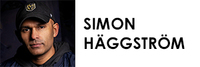 Porträtt av en man med mörk keps och jacka, bredvid texten 'Simon Häggström' på vit bakgrund.