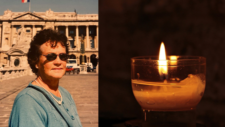 Tvådelad bild: till vänster en äldre kvinna med solglasögon utomhus, till höger ett tänt ljus i mörker.