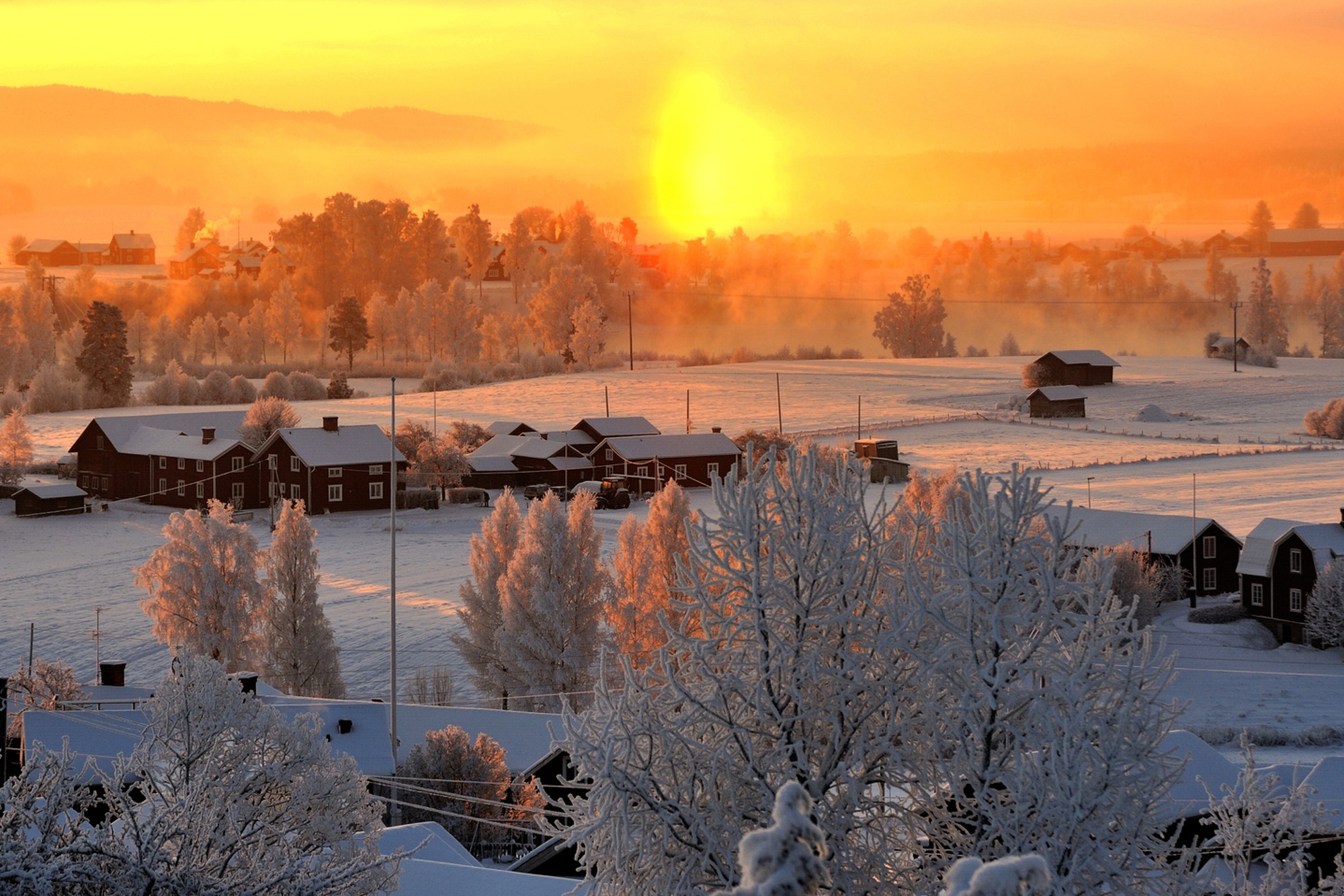 Vinterlandskap med snötäckta hus och träd i soluppgångens varma ljus.