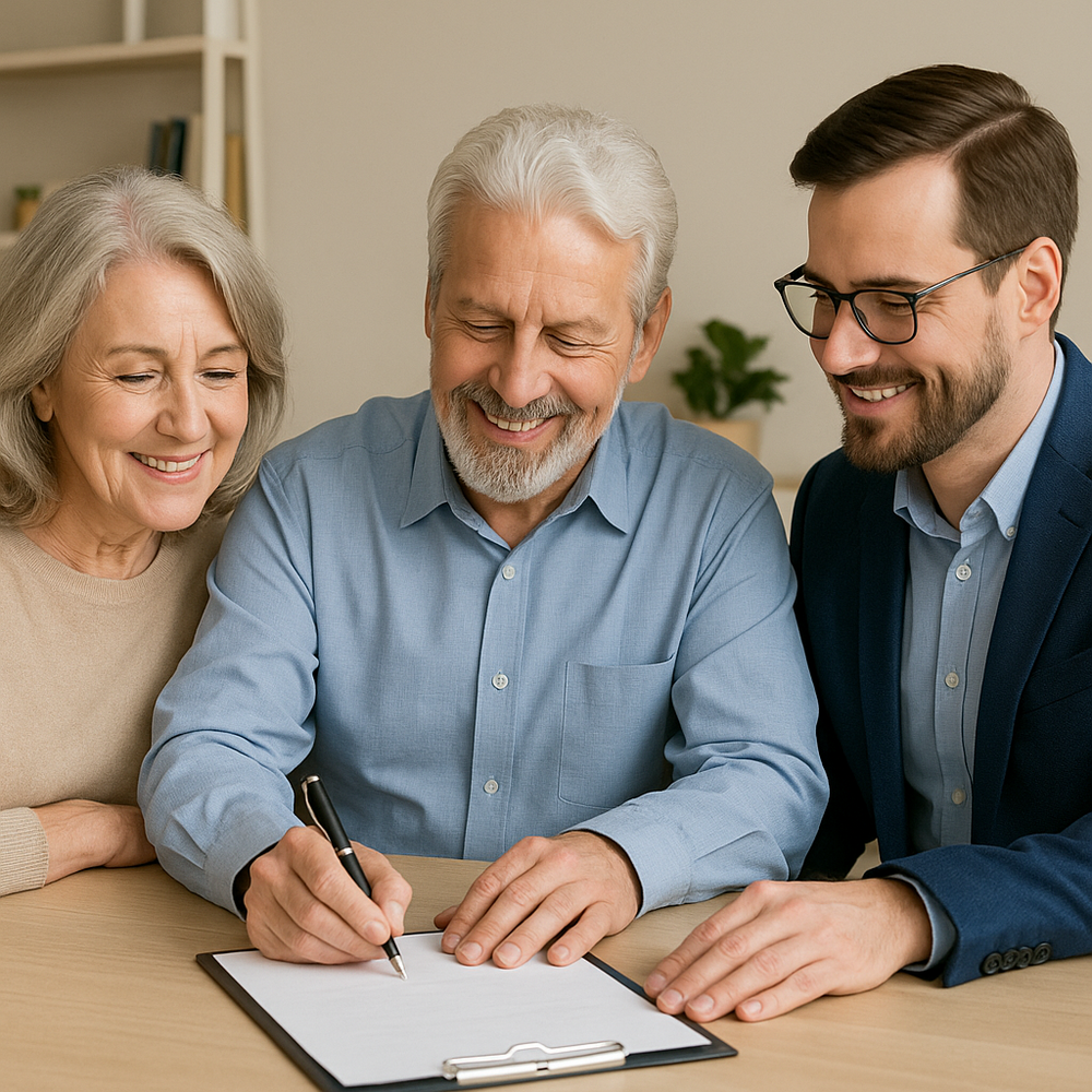 Tre personer sitter vid ett bord, en äldre man skriver på ett dokument med penna, omgivna av en äldre kvinna och en yngre man.