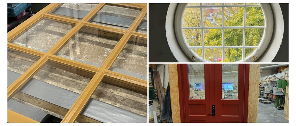 Kollage med fönster och dörrar i trä, inklusive ett runt fönster och en röd dubbeldörr i verkstadsmiljö.