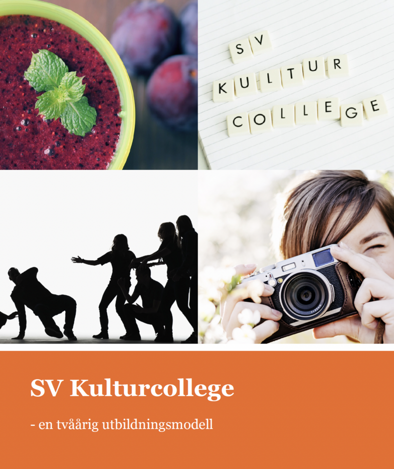 Kollage med bärsmoothie, bokstäver som bildar 'SV Kulturcollege', siluetter av människor och en person som fotograferar.