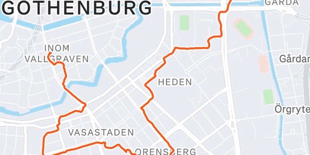 Karta över centrala Göteborg med en markerad rutt genom stadsdelarna Gårda, Heden, Lorensberg, Vasastaden och Inom Vallgraven.