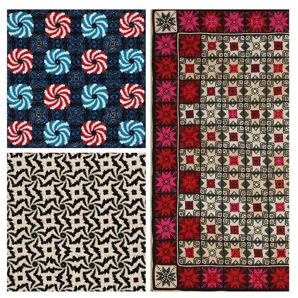 Tre färgglada, geometriska mönster i olika färger och former, liknande mattor eller textilier.