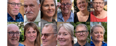 Ett collage med porträtt av olika vuxna personer utomhus i dagsljus.