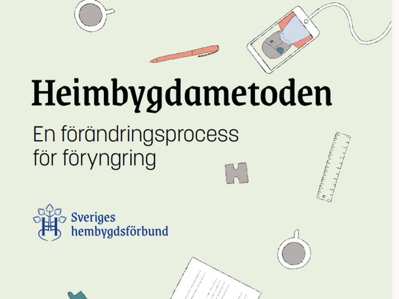 Omslag med texten 'Heimbygdmetoden – En förändringsprocess för föryngring' och illustrationer av kontorsmaterial.