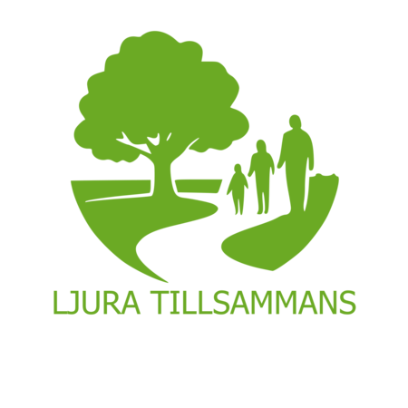Grön logotyp med ett träd, tre personer som promenerar på en stig och texten 'Ljura Tillsammans'.