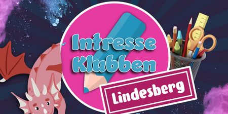 Illustration av drake, skolmaterial och färgstänk. I mitten en rosa logga med en turkos penna och texten IntresseKlubben Lindesberg