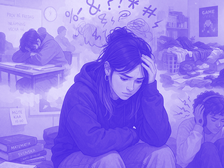Illustration av tre personer som ser stressade ut i olika miljöer, med kaotiska bakgrunder och symboler för förvirring.