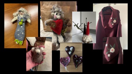 Flera handgjorda tovade ullfigurer och dekorationer, inklusive dockor, hjärtan och en kappa med blommor.