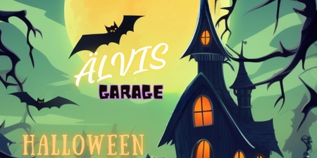 Tecknad bild av ett kusligt hus på en kulle med pumpor, fladdermöss och texten 'Halloween Cruising'.