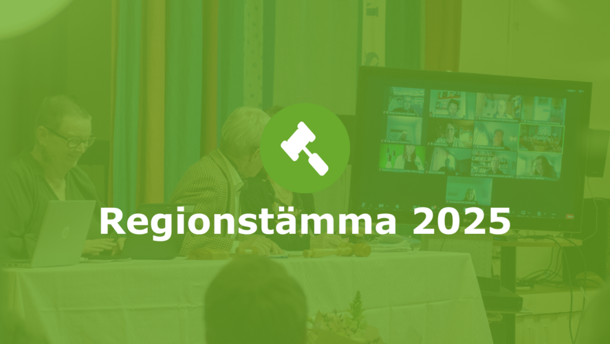Två personer sitter vid ett bord med datorer, en stor skärm visar ett videomöte. Text: Regionstämma 2025.