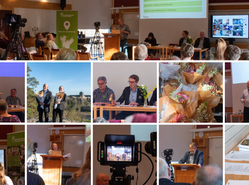 Ett collage från en konferens med föreläsningar, paneldiskussioner, blommor, kameror och utdelning av blommor.