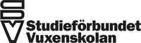 Logotyp för Studieförbundet Vuxenskolan med svart text och grafisk symbol med bokstäverna SV.