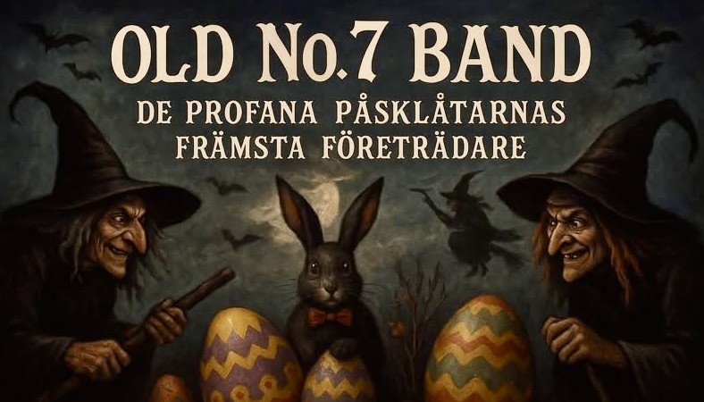 Två häxor med påskägg och en kanin i mitten, nattmiljö med fladdermöss och måne, text om Old No.7 Band.