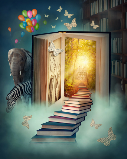 En fantasifull scen med en öppen bok, en stig av böcker, fjärilar, ballonger, en elefant och en zebra i ett magiskt bibliotek.