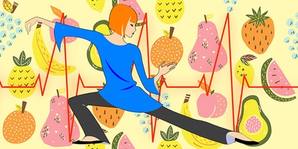 Illustration av person som gör tai chi framför färgglada frukter och ett hjärtfrekvensdiagram.