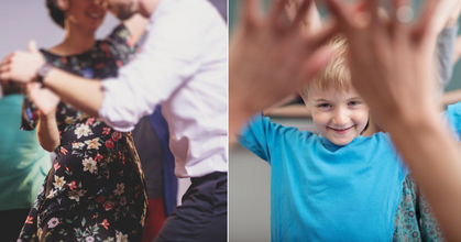 Tvådelad bild: till vänster ett par som dansar, till höger en leende pojke i blå tröja som gör rörelser med händerna.