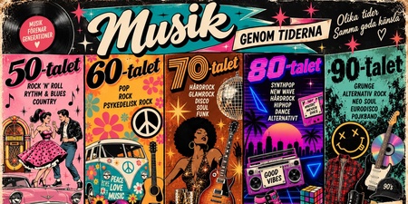 Färgglad affisch som visar musikstilar och mode från 50- till 90-talet med retroillustrationer och text på svenska.