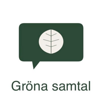 Mörkgrön pratbubbla med en vit cirkel och ett stiliserat blad, texten 'Gröna samtal' under.