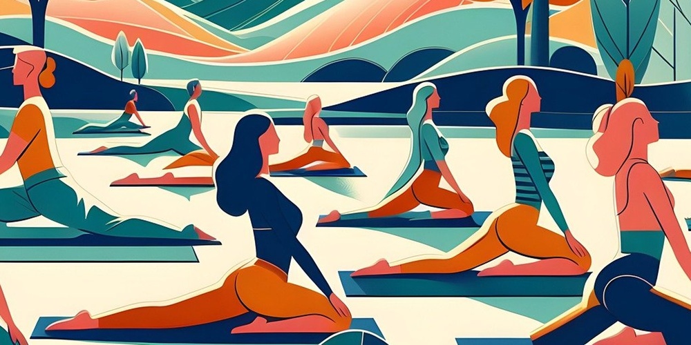 Illustration av människor som gör yoga utomhus i en färgglad naturmiljö med soluppgång och träd.