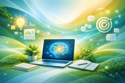 En laptop med hjärna på skärmen, omgiven av böcker, växter och digitala ikoner i en färgstark, fantasifull miljö.