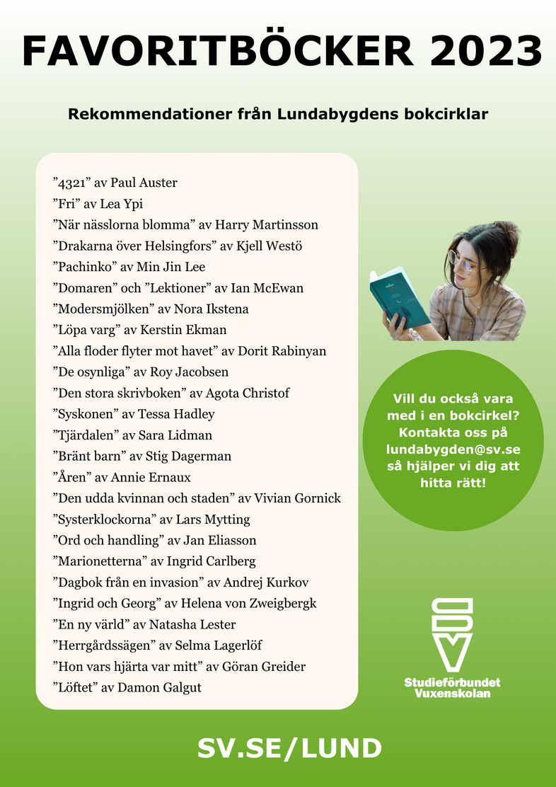 Affisch med boktips för 2023 från Lundabygdens bokcirklar, lista med boktitlar och en person som läser en bok.