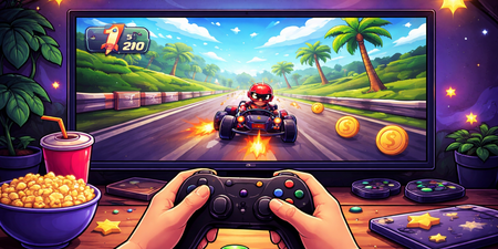 Person spelar racingspel med handkontroll framför TV, omgiven av popcorn, läsk och spelprylar i färgglad miljö.