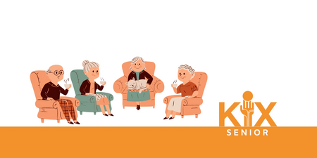 Fyra äldre personer sitter i fåtöljer och samtalar, med texten 'Kix Senior' i nedre högra hörnet.