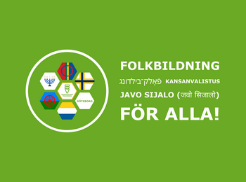 Grön bakgrund med texten 'Folkbildning för alla!' på flera språk och sex symboler i en cirkel.