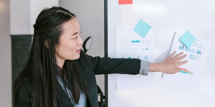 Person i kostym pekar på diagram och grafer på en whiteboard under en presentation.