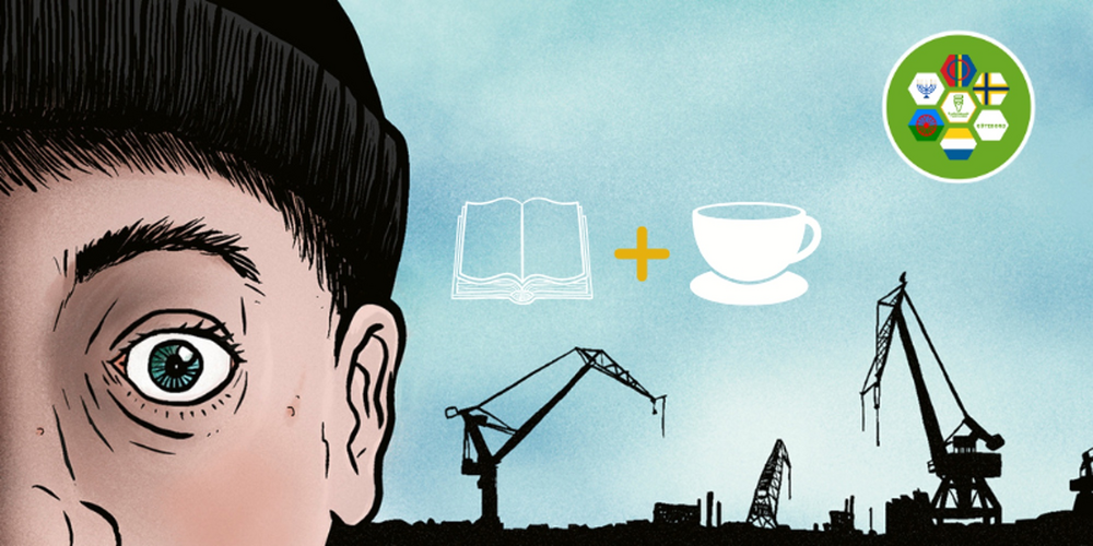 Illustration av en orolig man, kranar, bok och tekopp, samt symboler mot blå bakgrund.