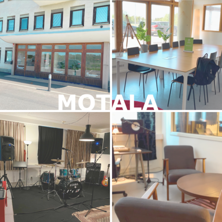 Fyrradig bild med exteriör av byggnad, mötesrum, musikstudio och loungeområde. Texten 'Motala' syns i mitten.