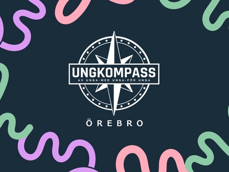 Logotyp för Ungkompass Örebro med en kompassros och färgglada vågformer på mörk bakgrund.