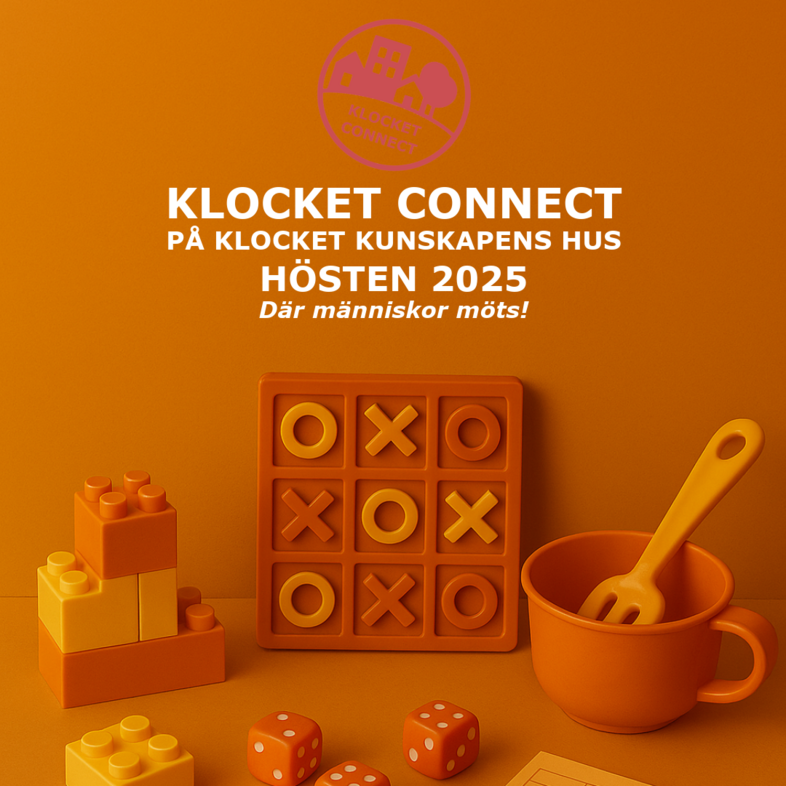 Orange leksaker, muggar och spel på ett bord med text om Klocket Connect hösten 2025.