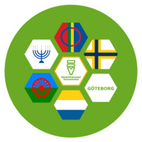 Sexkantiga symboler med olika flaggor och symboler på grön cirkel, inklusive Göteborg och Västra Götaland.