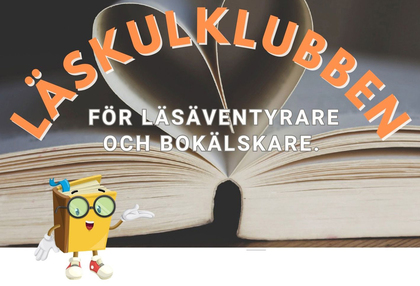 En bok med sidor formade som ett hjärta, texten 'Läskulklubben' och en tecknad bokfigur med glasögon och leende.