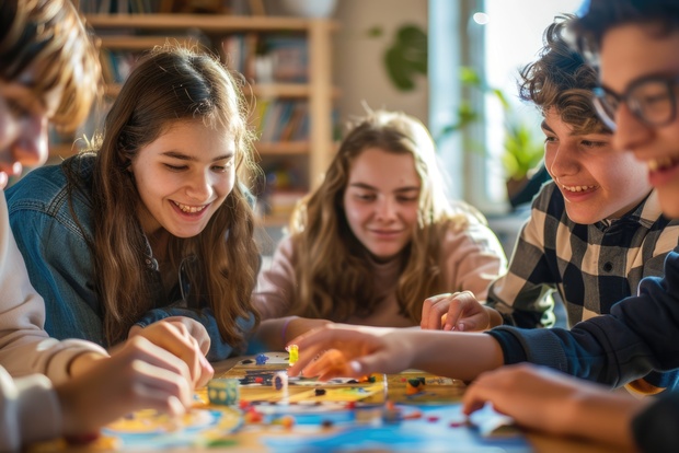 Fyra ungdomar sitter runt ett bord och spelar ett brädspel tillsammans, alla ser glada ut.