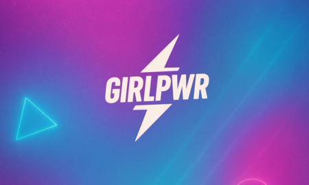 Texten 'GIRLPWR' med en blixtsymbol på en färgglad, neonfärgad bakgrund.