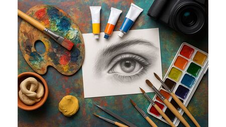 Ett realistiskt tecknat öga på papper omgiven av konstnärsmaterial som penslar, färgtuber, palett och akvarellfärger.